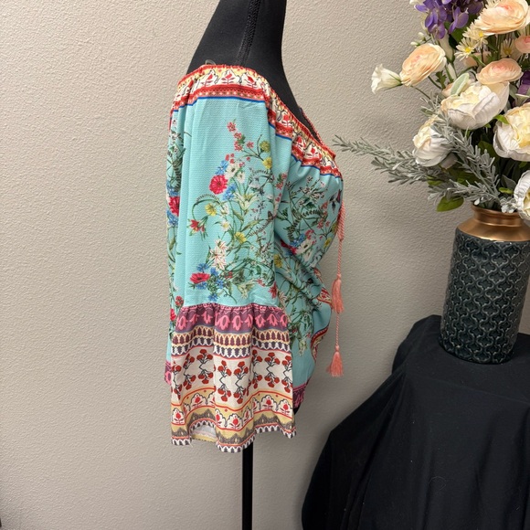 Umgee USA Boho Floral Peasant Top Small Off Shoulder 3/4 Sleeve Festival Spring - Picture 4 of 7